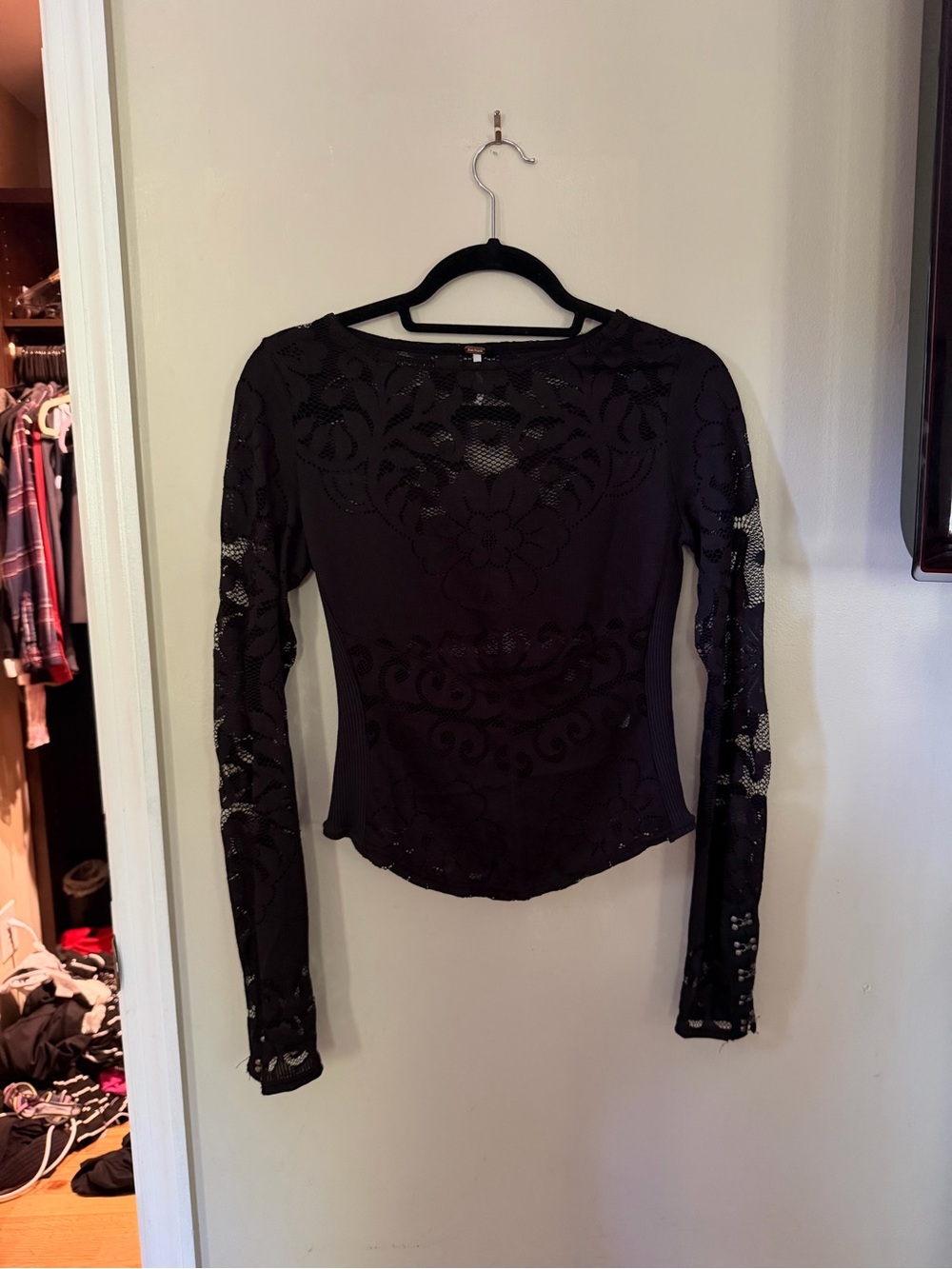 Free People Black Lace Floral Long Sleeve Top SIZE SMALL